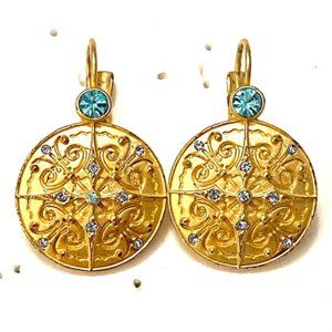 Etruscan 18k Plated Blue Topaz Rhinestone Medallion Coin Earrings